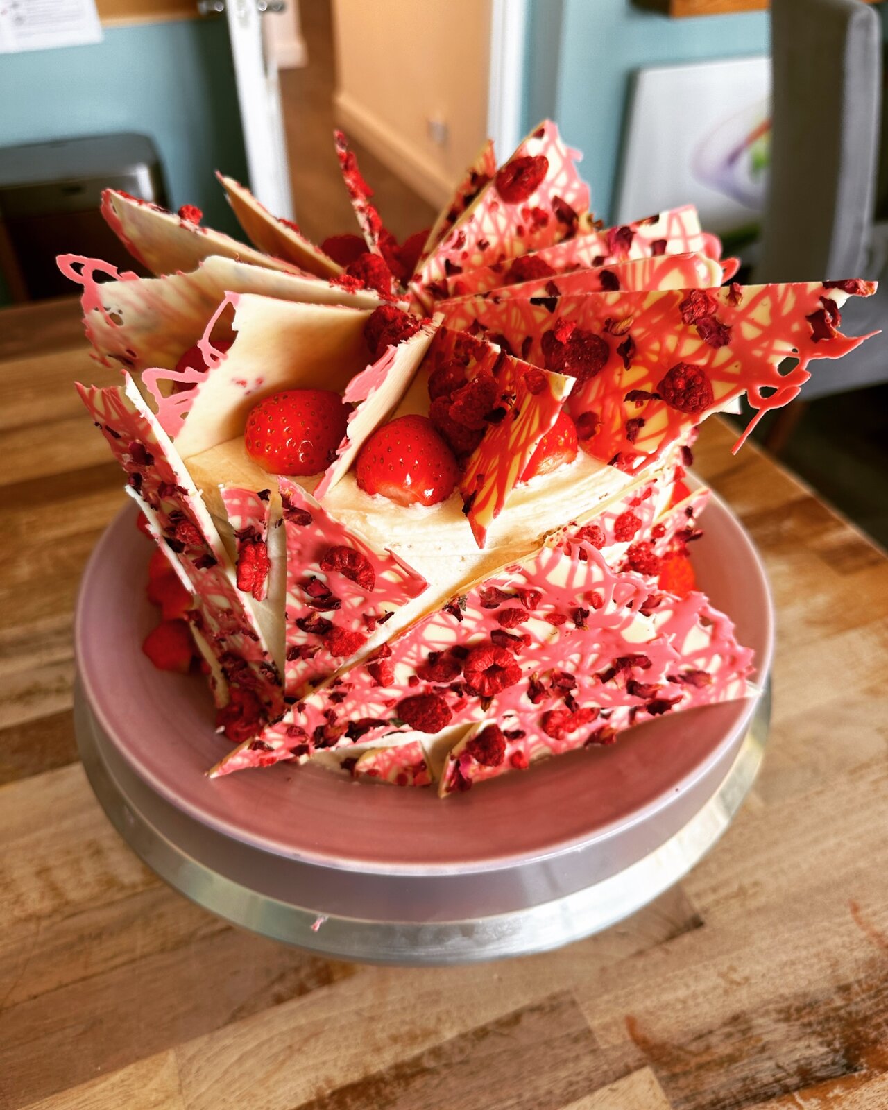 White chocolate and raspberry shard birthday cake
