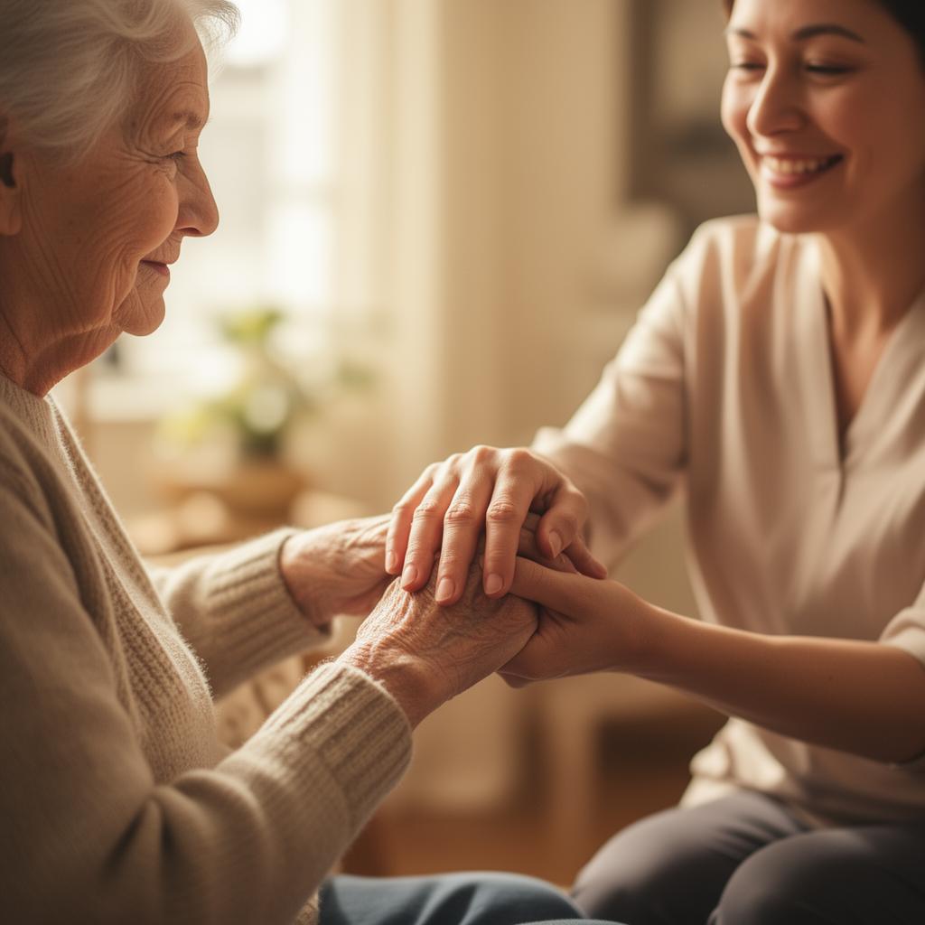 A caregiver gently holding the hand of a resident