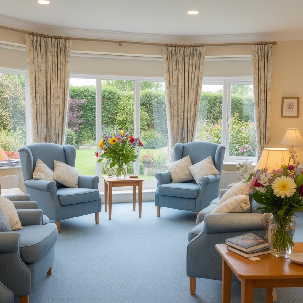 Hyland Residential Home lounge with comfortable armchairs and garden views
