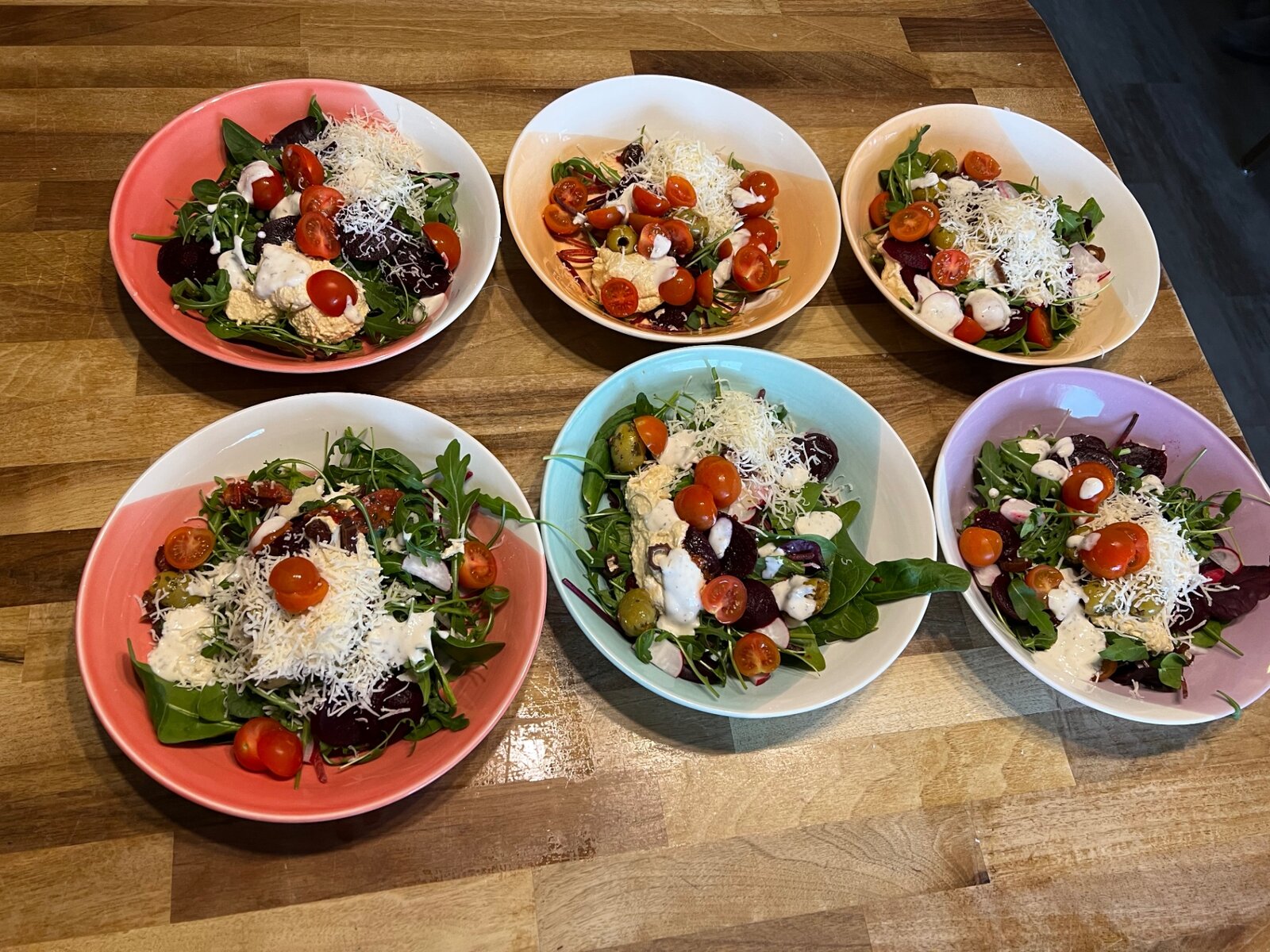 Freshly plated salads prepared for residents