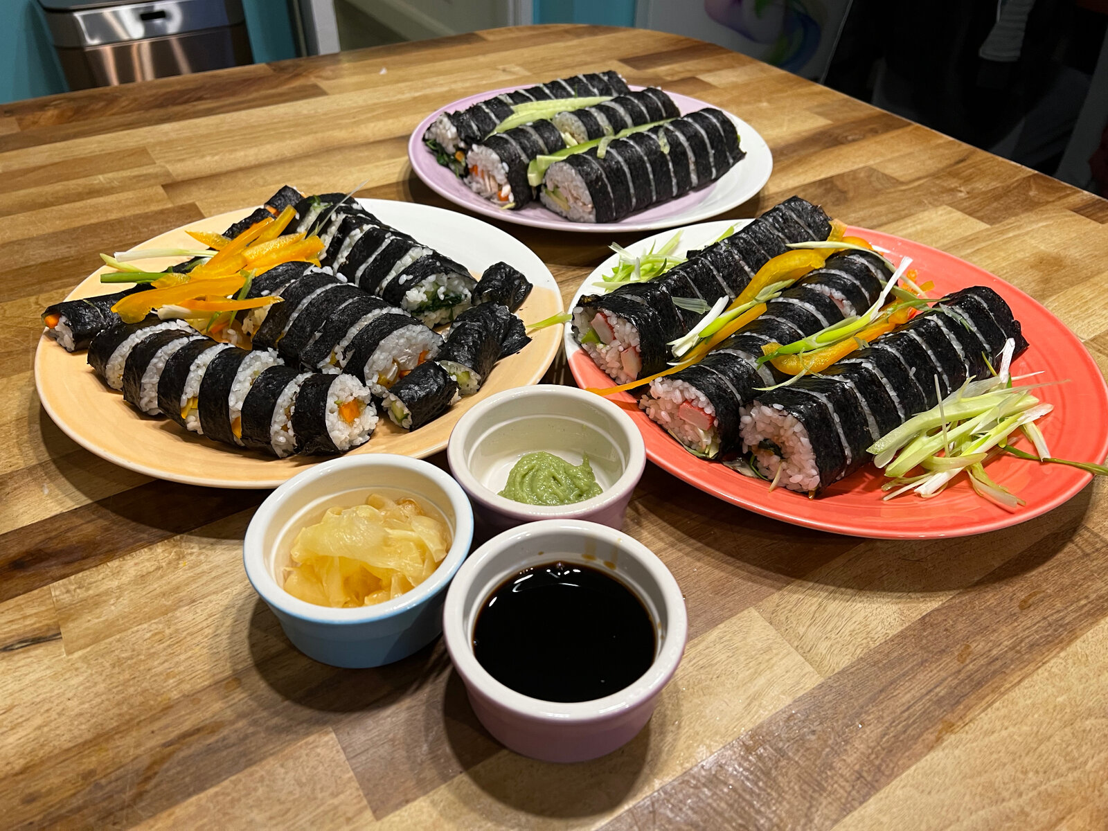 Freshly made sushi rolls plated and ready to serve