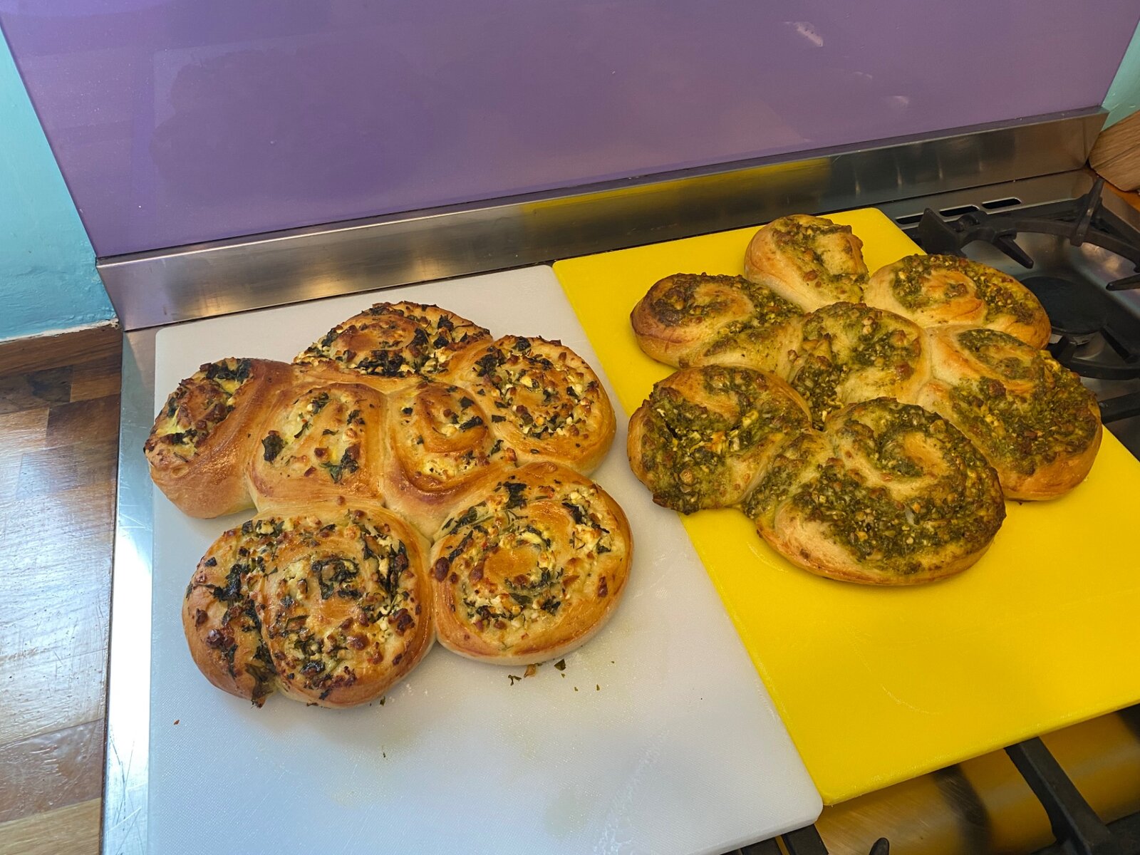Freshly baked savoury breads cooling after cooking